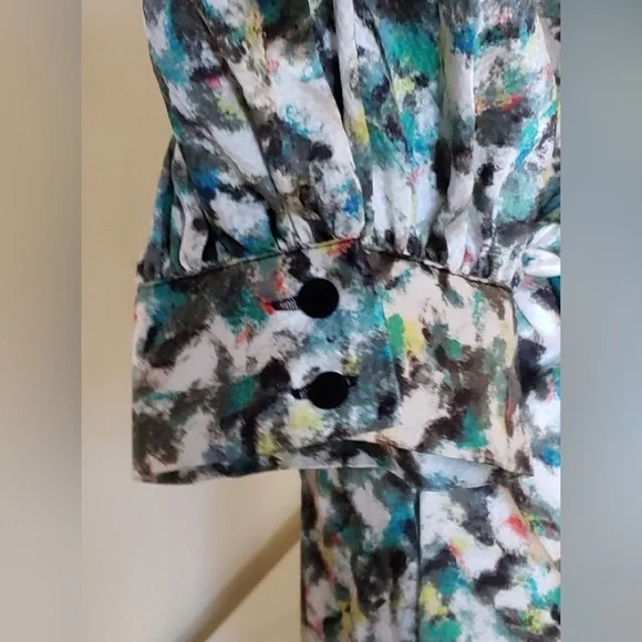 NWT DYVNA belted printed chiffon trimmed hammered silk satin midi length dress
